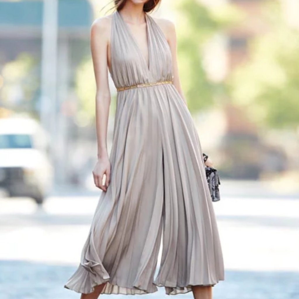 Halston Heritage Halter Pleated Wide Leg Jumpsuit